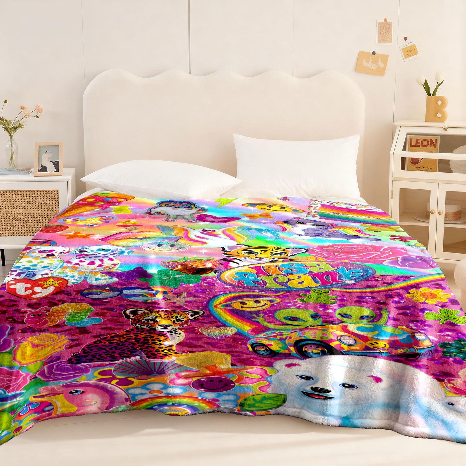 Lisa Frank Collage Themed Blanket, Vibrant & Playful Style, Features Colorful Characters, Soft and Warm, Perfect for Home Relaxation, Flannel Blankets
