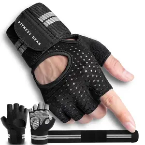1 Pair of Breathable Knitted Fabric Fitness Gloves with Wrist Support, Thickened Fingerless Gloves for Men and Women, Gym Training Sports Grip with Hook and Loop Closure Adjustable Strap Workout gym stuff