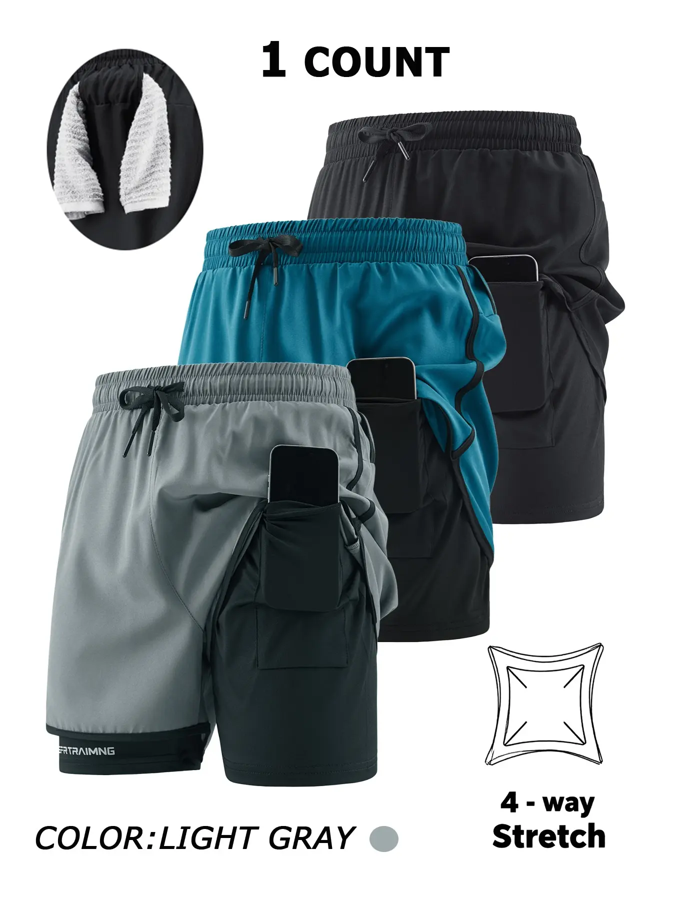 Men's 2-In-1 Quick Dry Breathable Elastic Running Shorts  with Elastic Waistband、 Phone Pocket & Towel Loop, Breathable Comfort Quick-Dry Fabric for All Seasons,Perfect for Outdoor Running and Gym Workouts