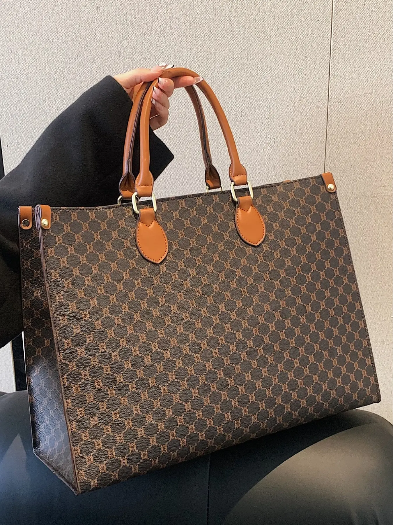 Vintage Monogram Print Colorblock Large Capacity Tote Bag, Brown Leather Trim Top Handle Shoulder Handbag, Spacious Work Laptop Bag Casual Travel Commuter Shopper Bag for Women, Lazy Bag Full of Retro Charm Classic All Over Print Everyday Purse