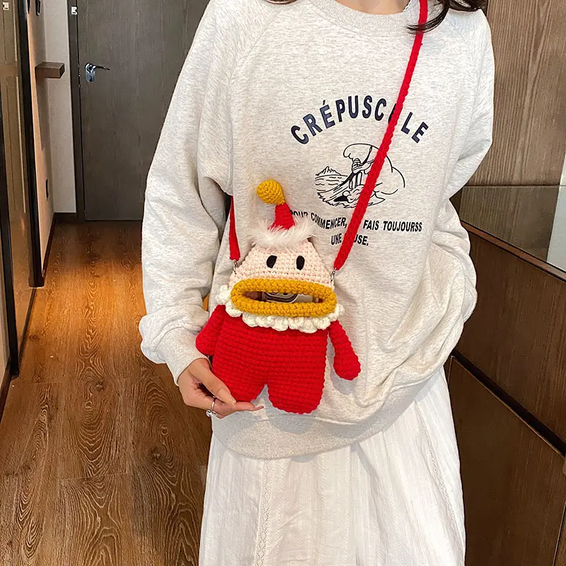 Handmade Crocheted Texture Crossbody Bag - Ugly Cute Monster Mini Crossbody Pouch for Women, Casual Wear Lightweight Bag, Mini Sized Products Phone Holder, Synthetic Fiber, Ugly Cute Look, Crocheted Look, Purses Crossbody Bag
