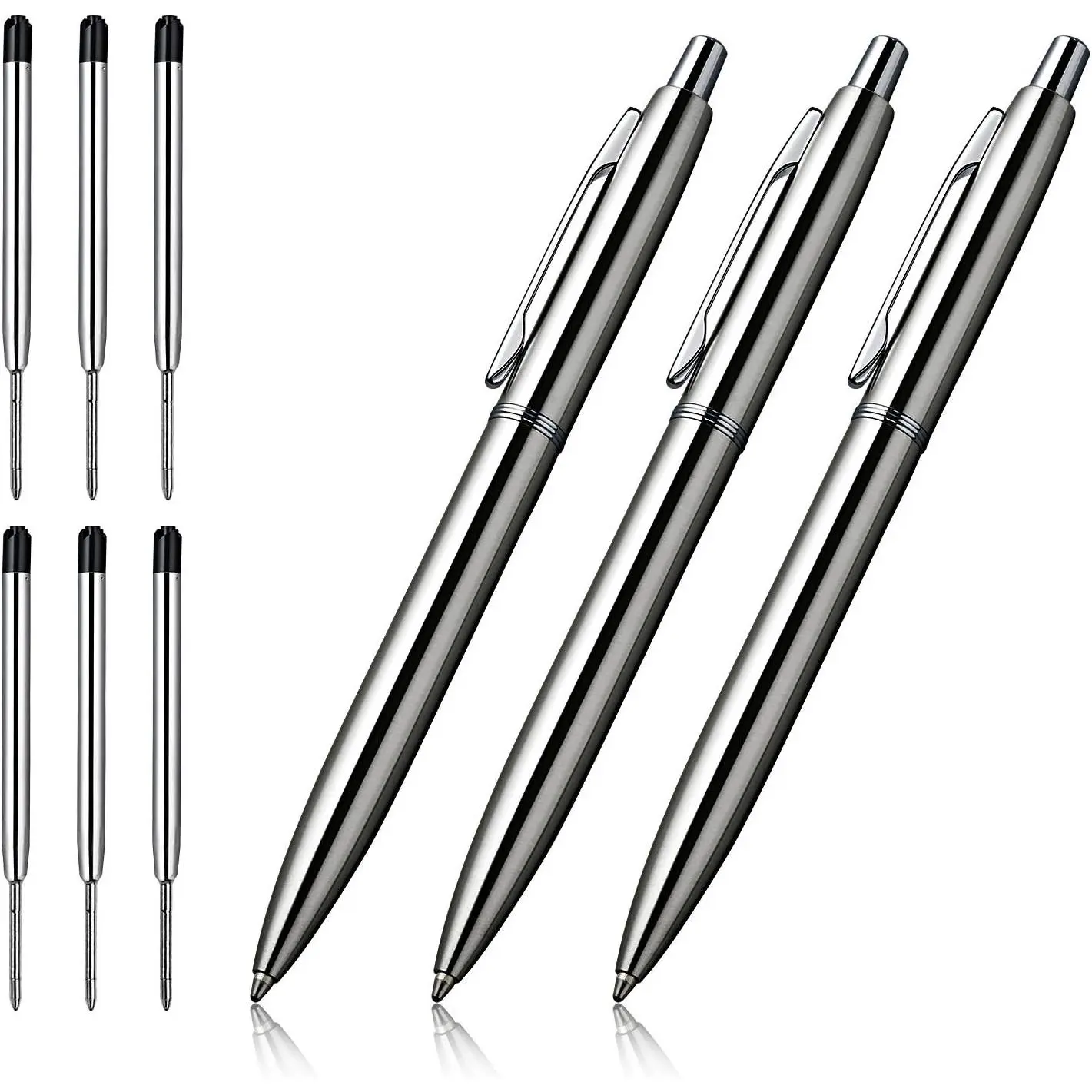 3-Count Retractable Metal Body Ballpoint Pens - 1.0mm Medium Point Black Ink, Business Office Use, 6-Extra Replaceable Refill Set, Stainless Steel, Smooth Write