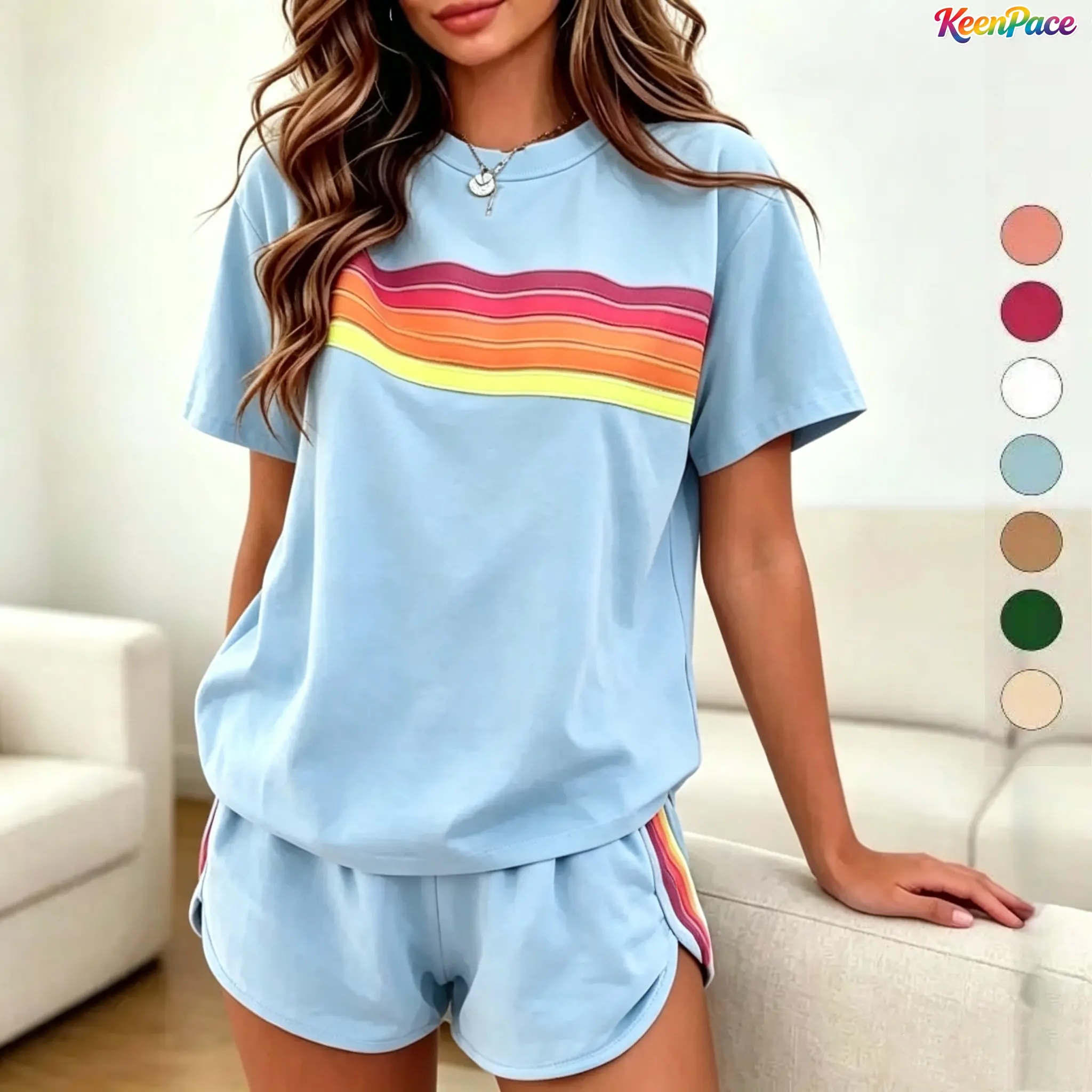 2 Piece Rainbow Stripe Athleisure Outfit Set For Women, Rainbow Striped Breathable Comfy Activewear Outfit, Lightweight Casual Matching Suit Ideal For Summer Vacations Daily Indoor Loungewear And Outdoor Street Styling,Summervibes