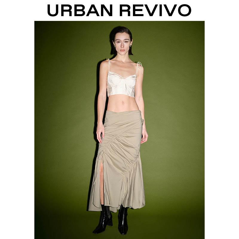URBAN REVIVO High-Slit Beige Midi Skirt - Ruched Waist Flowy Silhouette for Effortlessly Chic Women Sense Deconstructed Pleated Fish Tail Half Skirt Elegance Bottom Spring