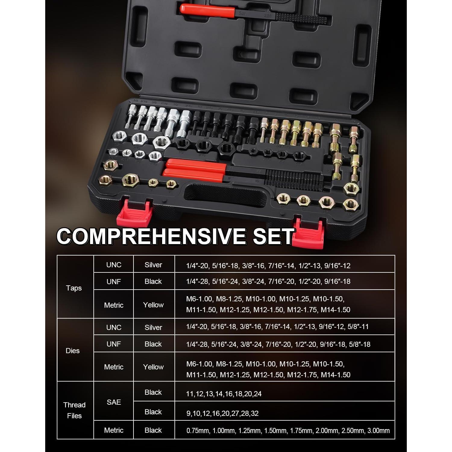 49- Thread Chaser Set, Rethread Repair Tool, UNC, UNF, & Metric Thread Repair Kit, Designed to Repair and Clean Damaged or Dirty Threads on Nuts, , and Threaded Holes
