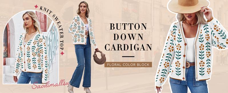 Saodimallsu Womens Floral Print V Neck Cardigan Open Front Button Down Knit Sweater Long Sleeve Loose Fashion Tops