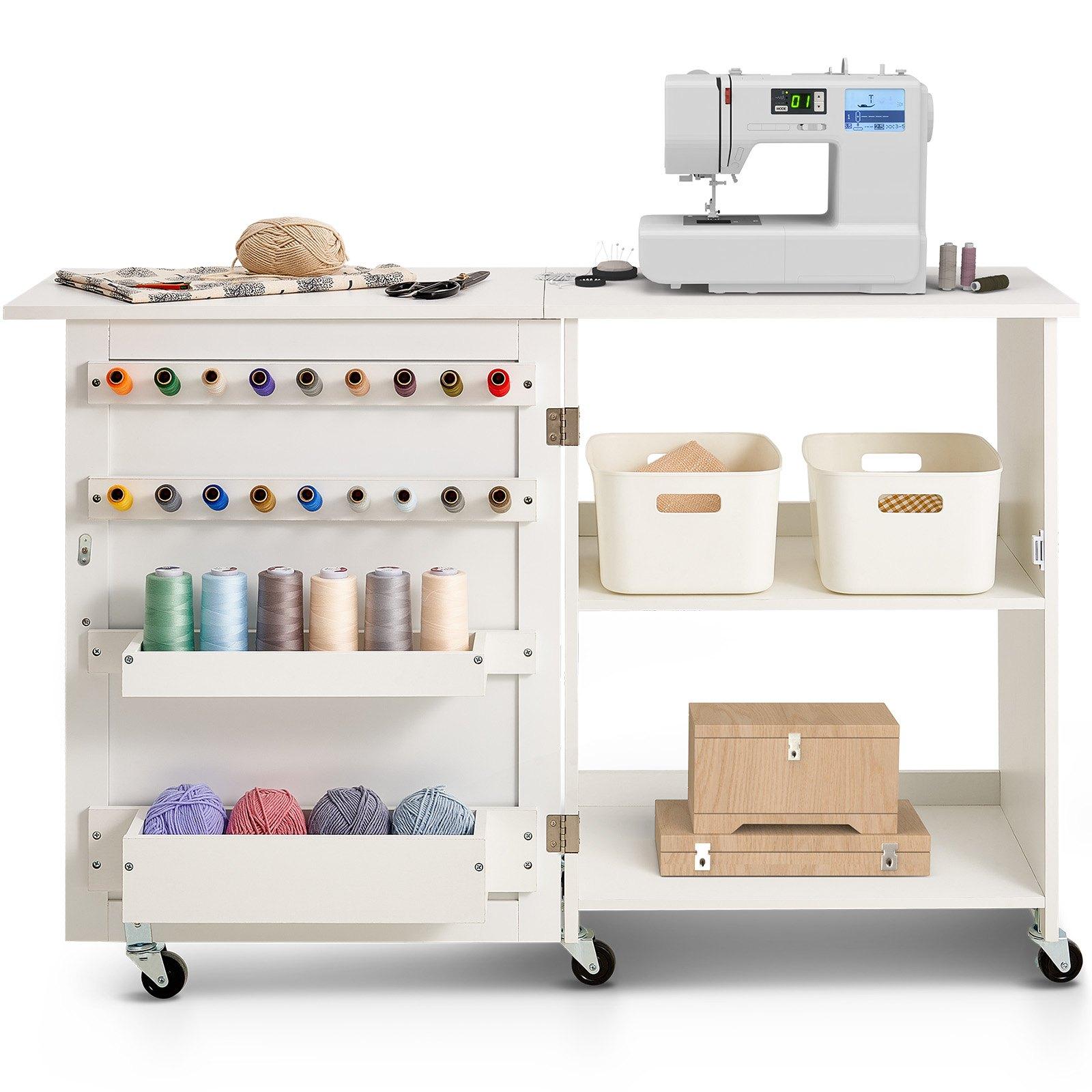 VEVOR Folding Sewing Table, Multipurpose Sewing Machine Table with Compact Design, Wheels, Shelves, Storage Trays, Wooden Pegs, and Magnetic Doors, Sewing Desk Cabinet for Sewing Machine, White VEVOR Folding Sewing Table, Multipurpose Sewing Machine Table with Compact Design, Wheels, Shelves, Storage Trays, Wooden Pegs, and Magnetic Doors, Sewing Desk Cabinet for Sewing Machine, White