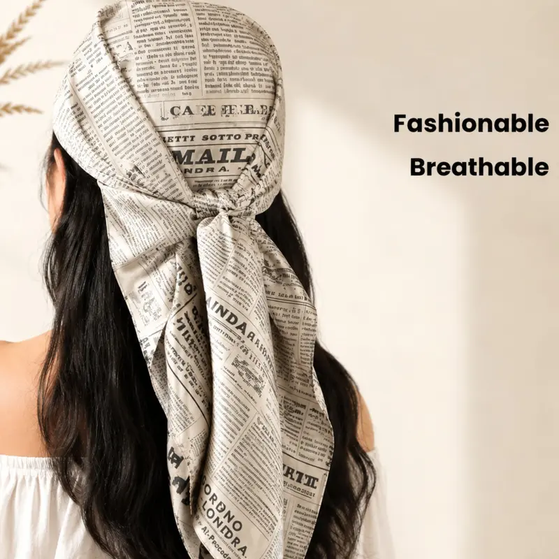 Retro Newspaper Print Square Scarf for Women, Casual Fashion Silk-Like Headscarf, Boho Shawl Wrap, Versatile Headscarf, Neckscarf, Multi-Way Wear for Hair, Neck, Bag & Head