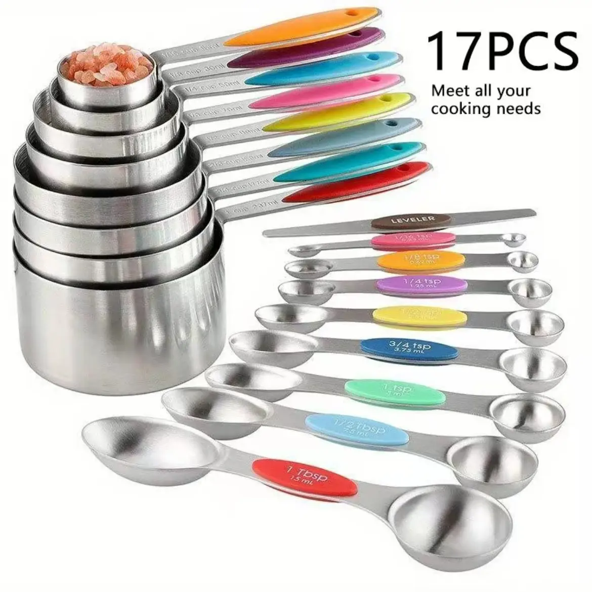17 Pcs Magnetic Double-Ended Stainless Steel Measuring Cup & Spoon Set, Accurate Measuring Utensils for Household Baking, Multifunctional Kitchen Gadget, Measuring Cups And Spoons, Perfect Halloween Gift