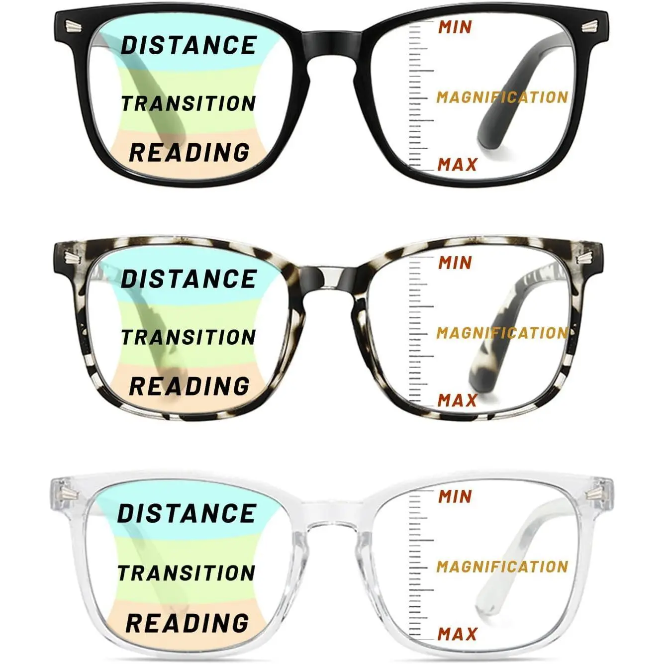 Progressive Multifocus Reading Glasses 3 Pack Blue Light Blocking Lightweight Reader with Spring Hinge for Women Men