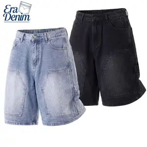 Men's Vintage Light Wash Patch Pocket Cargo Denim Jorts, Back Elastic Waist Baggy Knee Length Carpenter Jean Shorts Y2K Streetwear
