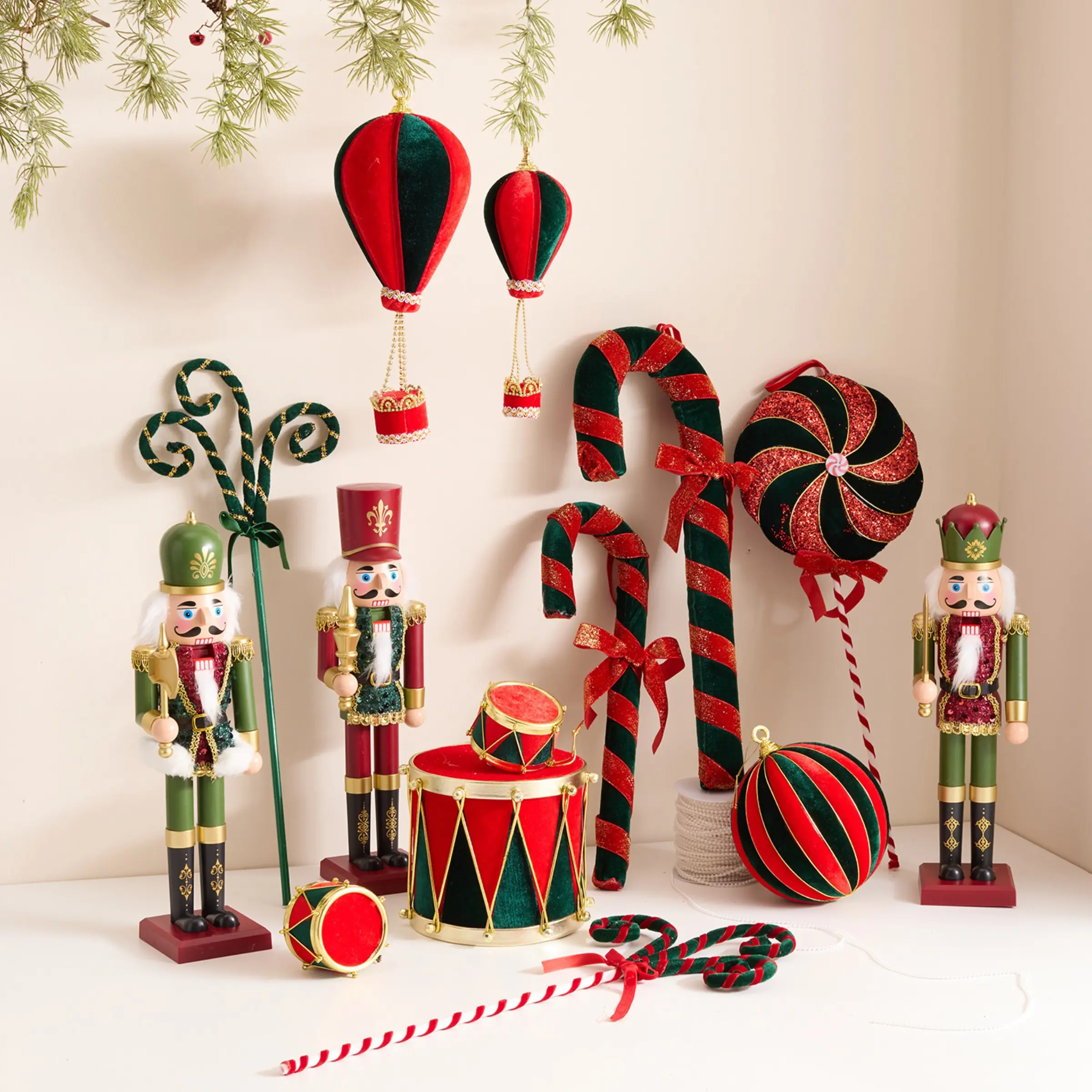 2026 New Christmas Decoration Velvet Series, Lollipop Hot Air Balloon Drum Pendant, Christmas Tree Scene Props, Festive Holiday Decorations