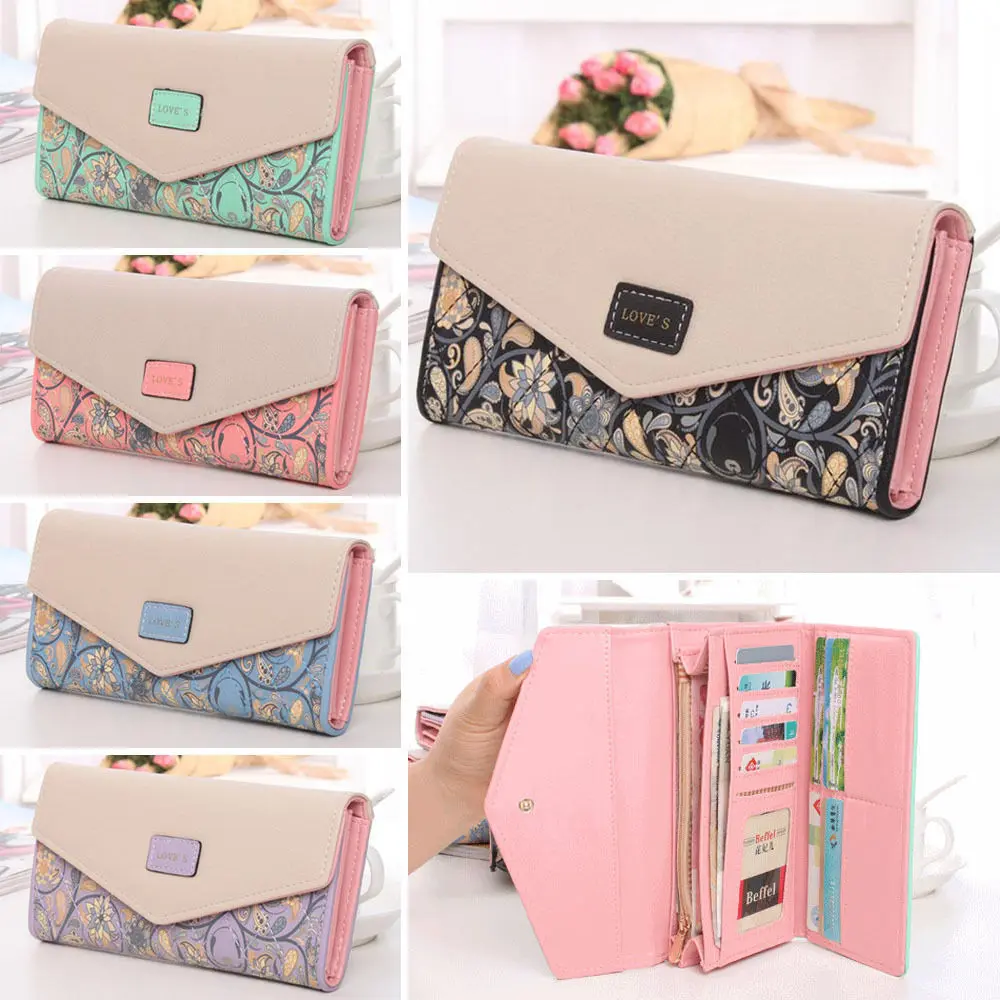 Floral Print Envelope Long Wallet for Women Multi Card Slots Zipper Coin Pocket Clear ID Window Snap Button Ladies Clutch Purse Large Capacity Cash Card Holder Handbag