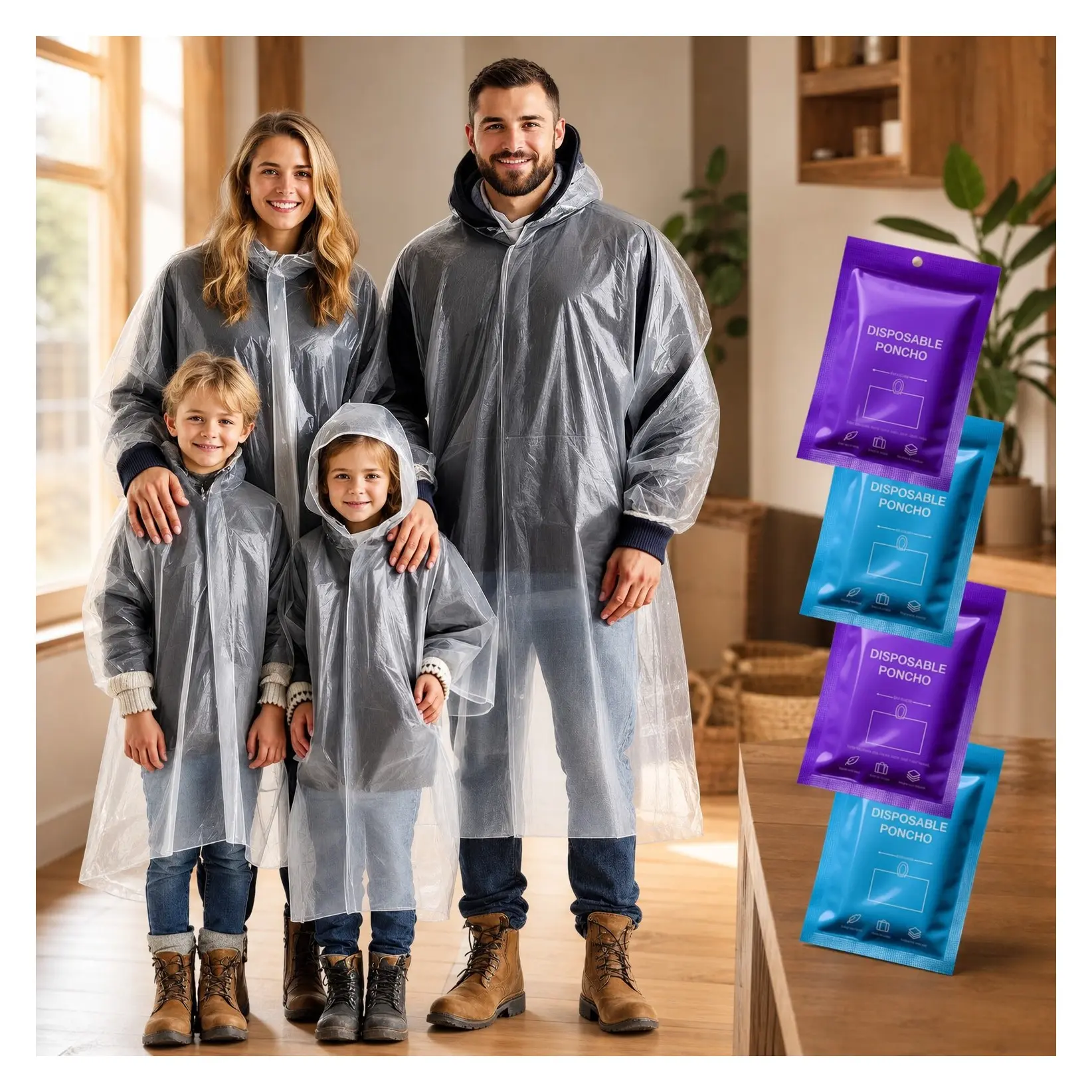 Disposable Rain Ponchos for Adults & Kids - Family Pack - Clear, Compact, Breathable, Emergency Ponchos with Hood - Travel Hiking, CampingGift