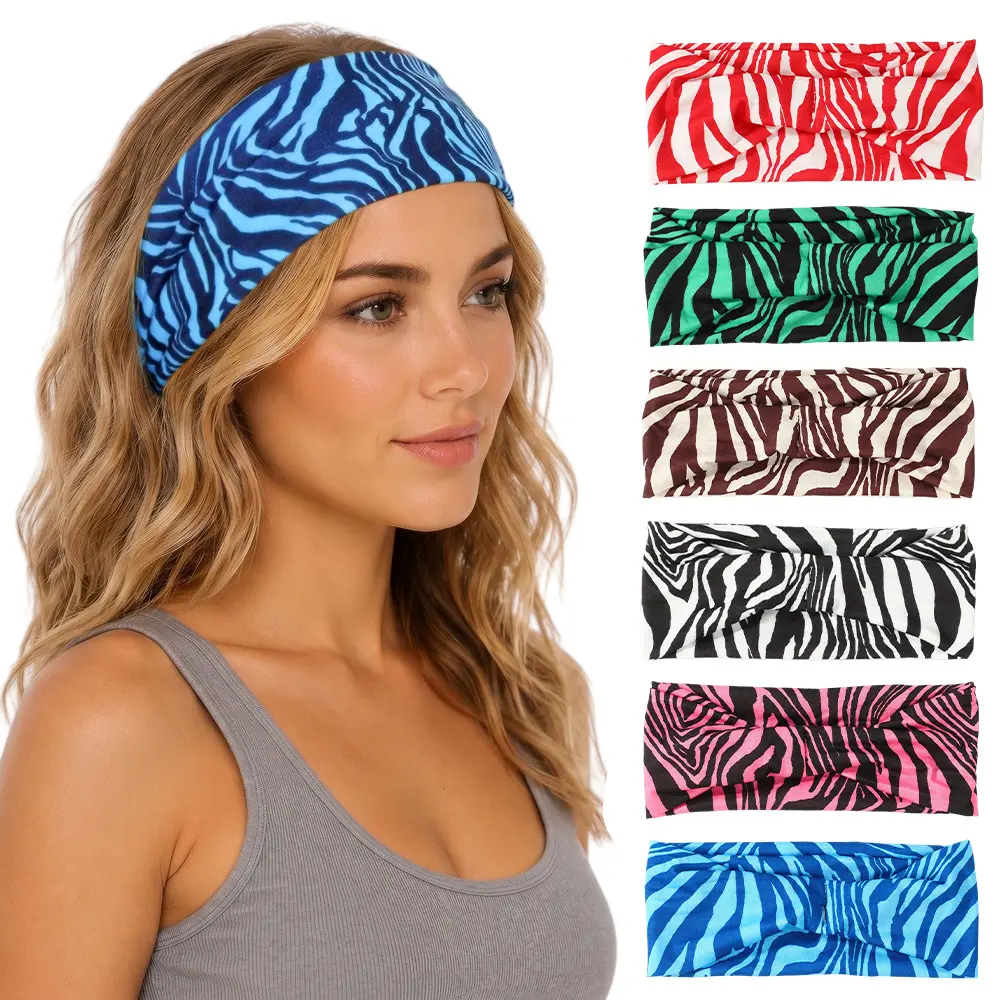 6 Colors Zebra Print Twist Wide Headband 22.5*7cm 12.1g, Stretch Fabric Crisscross Hair Band, Animal Pattern Non-slip Hair Wrap for Yoga Sports Daily Face Washing Hair Holding