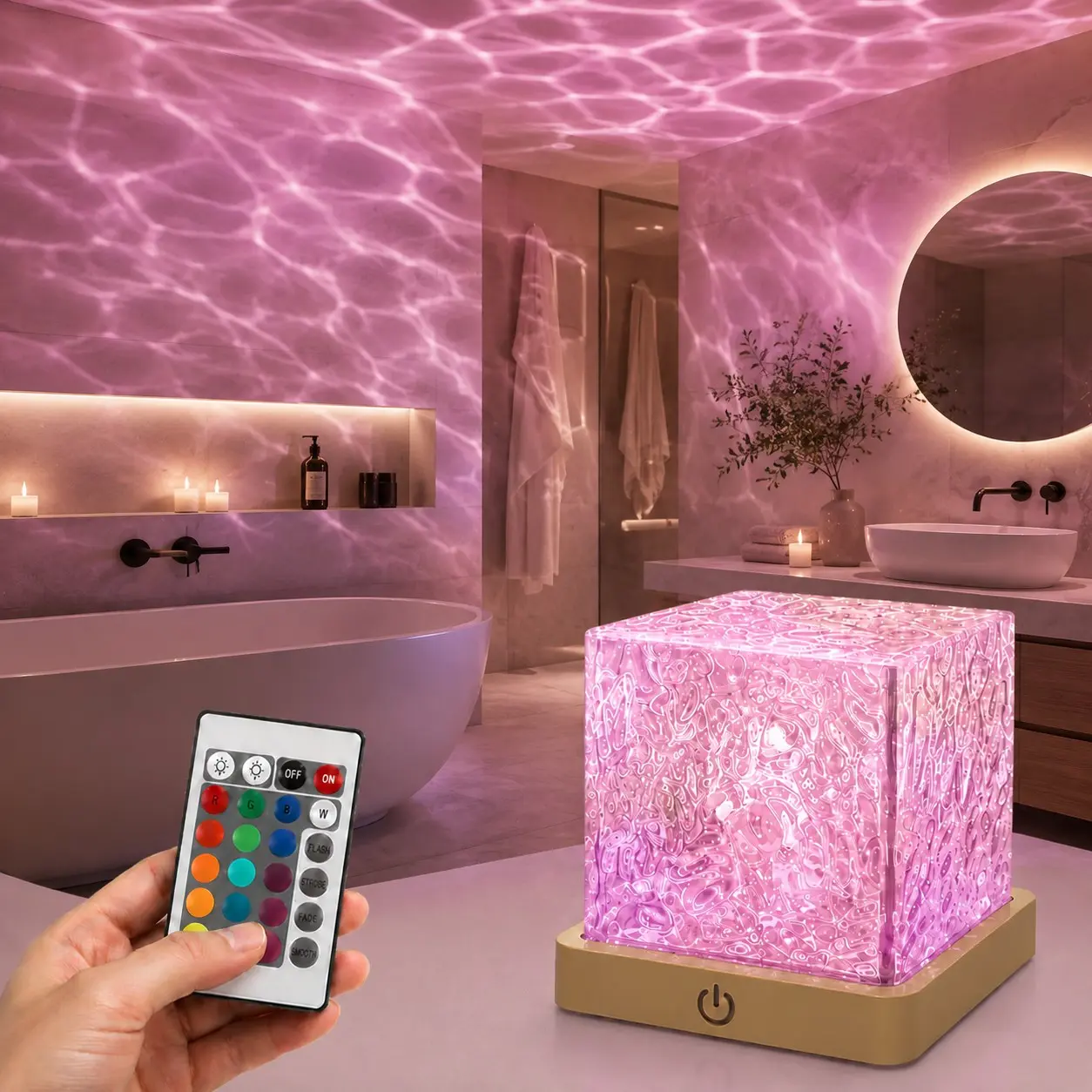 Rechargeable Water Ripple Projector Light, 16 Color Cordless Ocean Wave Lamp with Remote Control, Dimmable Ambient Night Light for Bedroom and Living Room, Ocean Projection Lamp