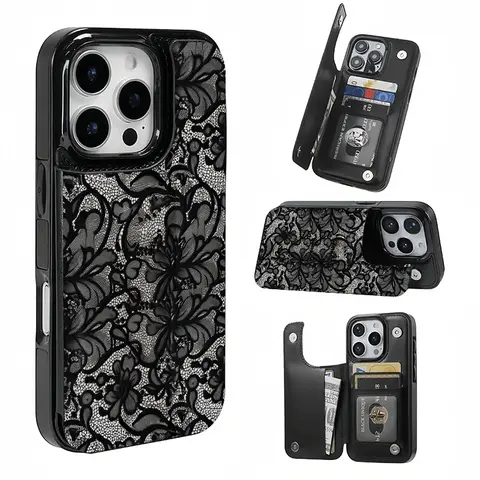 Black Lace Floral TPU Shell Card Holder Cellphone Cover - Phone Accessories for iPhone 18 17 16 15 14 13 12 Pro ProMax Plus Series Handheld Devices, Slot for Bank/Transit Cards, Stylish Ideal Gift for Girls