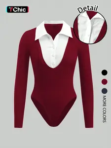 Women's Fashion Button-Up Collar Long Sleeve Solid Color Slim Jumpsuit, Stylish Chic for Casual and Formal Wear