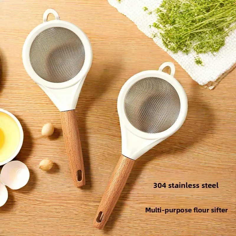 304 Stainless Steel Fine Mesh Sieve with Wooden Handle, Kitchen Baking Flour Sifter, Noodle Spoon, Tea Juice Filter, Professional Baking Tool