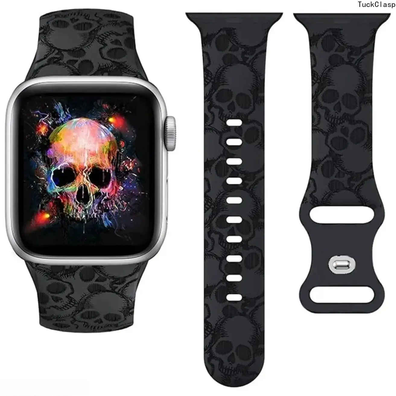 Laser Engraved Skull Silicone Watch Band Compatible with Apple Watch with Butterfly Clasp, Solid Color Strap Compatible with Apple Watch, Halloween Themed Soft Comfortable Wrist Accessory (No Watch, White)