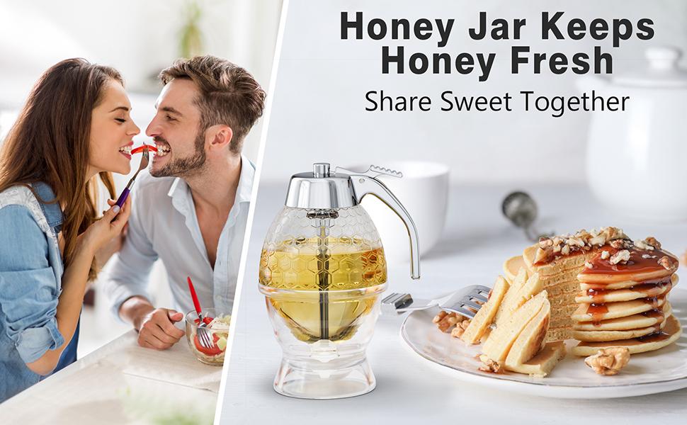 Honey Dispenser No Drip Glass 8 oz with Plastic Top, Beautiful Honeycomb Shaped Honey Jar with Stand - 6" Clear Container, Honey Pot, Maple Syrup Dispenser, Perfect Bee Decoration for Home Kitchen