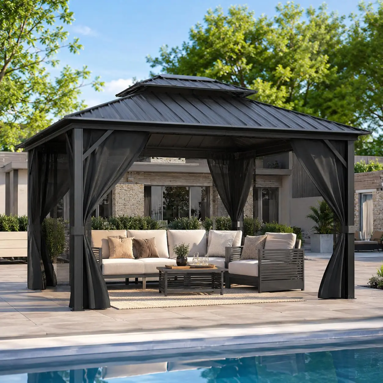GARVEE 12x16FT Hardtop Patio Gazebo, Galvanized Steel Double Vented Roof, Aluminum Frame with Curtains and Netting, Grey Outdoor Furniture for Backyard, Deck, Metal Patio Gazebo