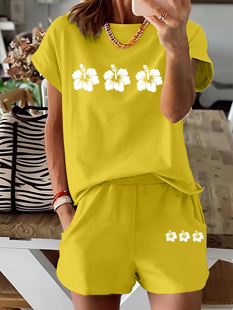 Two-Piece Set Women's Floral Print Tee & Shorts, Casual Short Sleeve T-shirt & Shorts for Summer, Ladies Clothes for Daily Wear