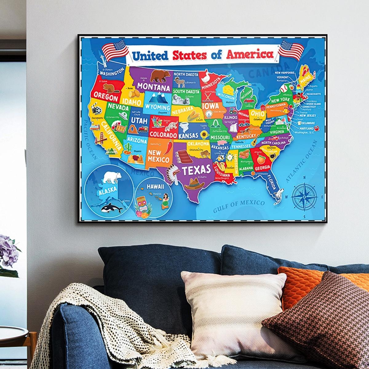 Cartoon Map Pattern Unframed Painting, World Map & United States Map ...