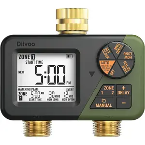 Brass Sprinkler Timer 2 Zone, IP66 Waterproof Programmable Water Hose Timer 2 Outlet with Large Display, Rain Delay & Manual Watering for Outdoor Automatic Irrigation of Garden, Lawn, Yard