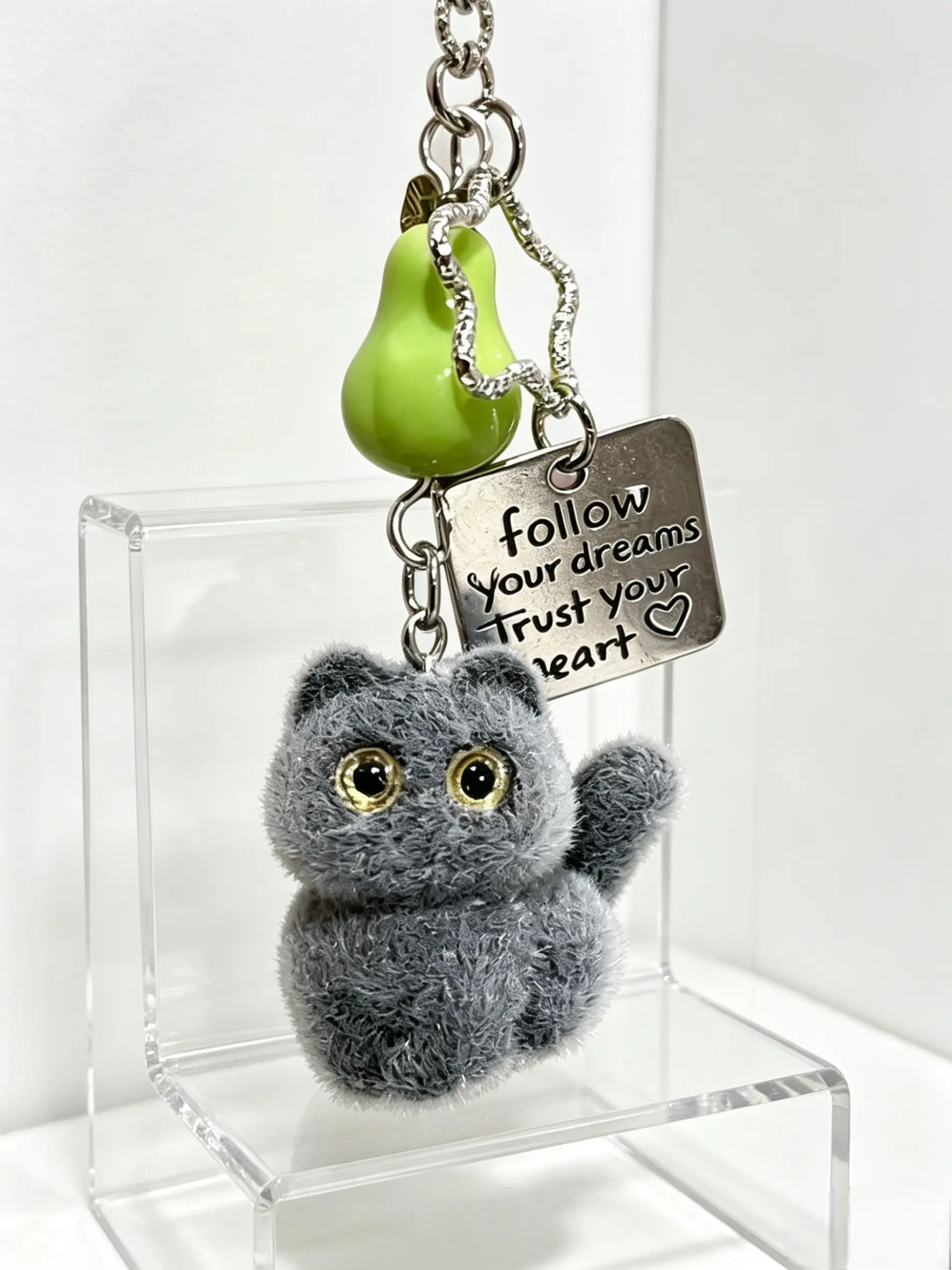Cute Plush Kitten Keychain, Pear Design, Follow Your Heart Metal Plate Bag Accessory, Sweet Girly Backpack Charm for Daily Use