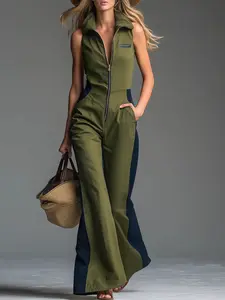 Women's Sleeveless Lapel Zipper Wide Leg Romper Jumpsuit, Vintage Workwear Casual Style, Suitable for Light Social Gatherings & Daily Outing