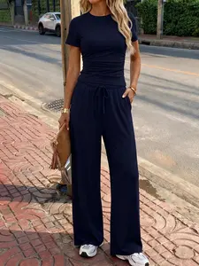 Urban Chic Summer Lounge Set: Minimalist Ruched Tee & Drawstring Wide Leg Pants | Relaxed Vibes for City Strolls & Chill Days