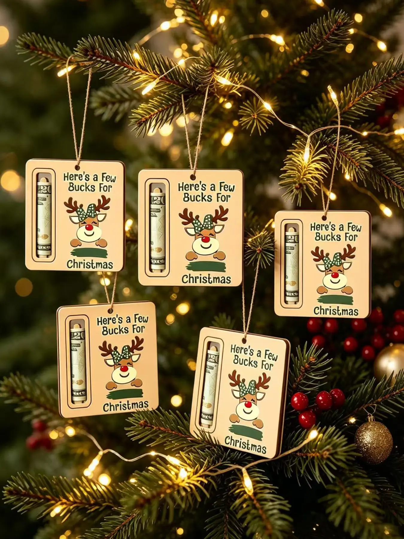 5pcs Christmas Reindeer Wooden Money/gift Card Holder, Hanging Wooden Sign with Polka-Dot Bow & Antler Design, Seasonal Tree Ornament for Home & Party Decor