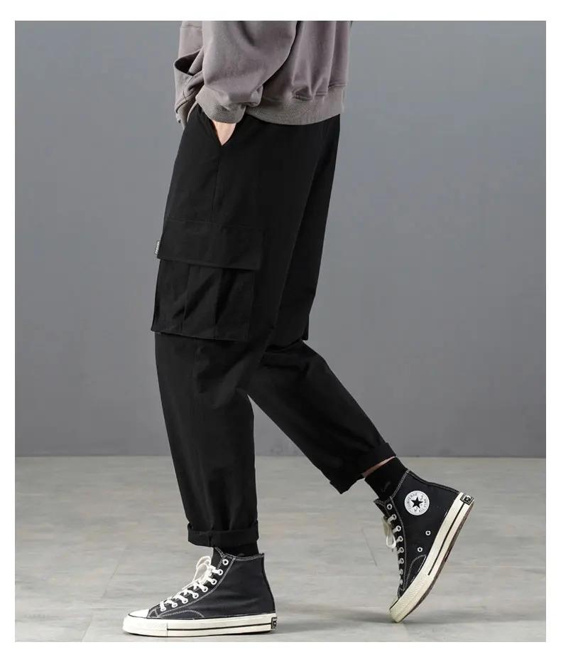 Casual work pants men's spring and autumn Japanese style Hong Kong style straight leg men's pants with multiple pockets, trendy black men's fashion brand ins loose paratrooper casual pants, thick American logging ankle pants