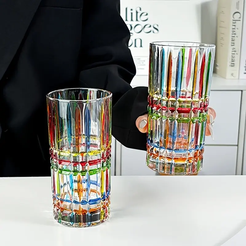 Fashionable Multicolor Striped Glass Cup, 400ML/11.5oz Retro Drinking Glass, Ideal for Tea, Juice, Restaurant, Coffee Shop, Bar, Home Use