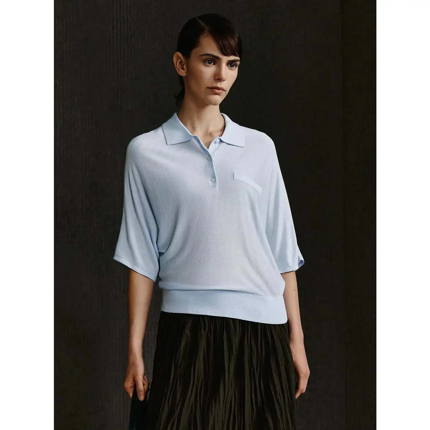 URBAN REVIVO Women's Lyocell Silk Blend Knit Polo, Breathable Drop Shoulder Top for Smart Casual Style, Clothes, Shirts, Rib, Short Sleeve Collared Women's Polo Shirts, Loose-Fitting, Everyday, Relaxed