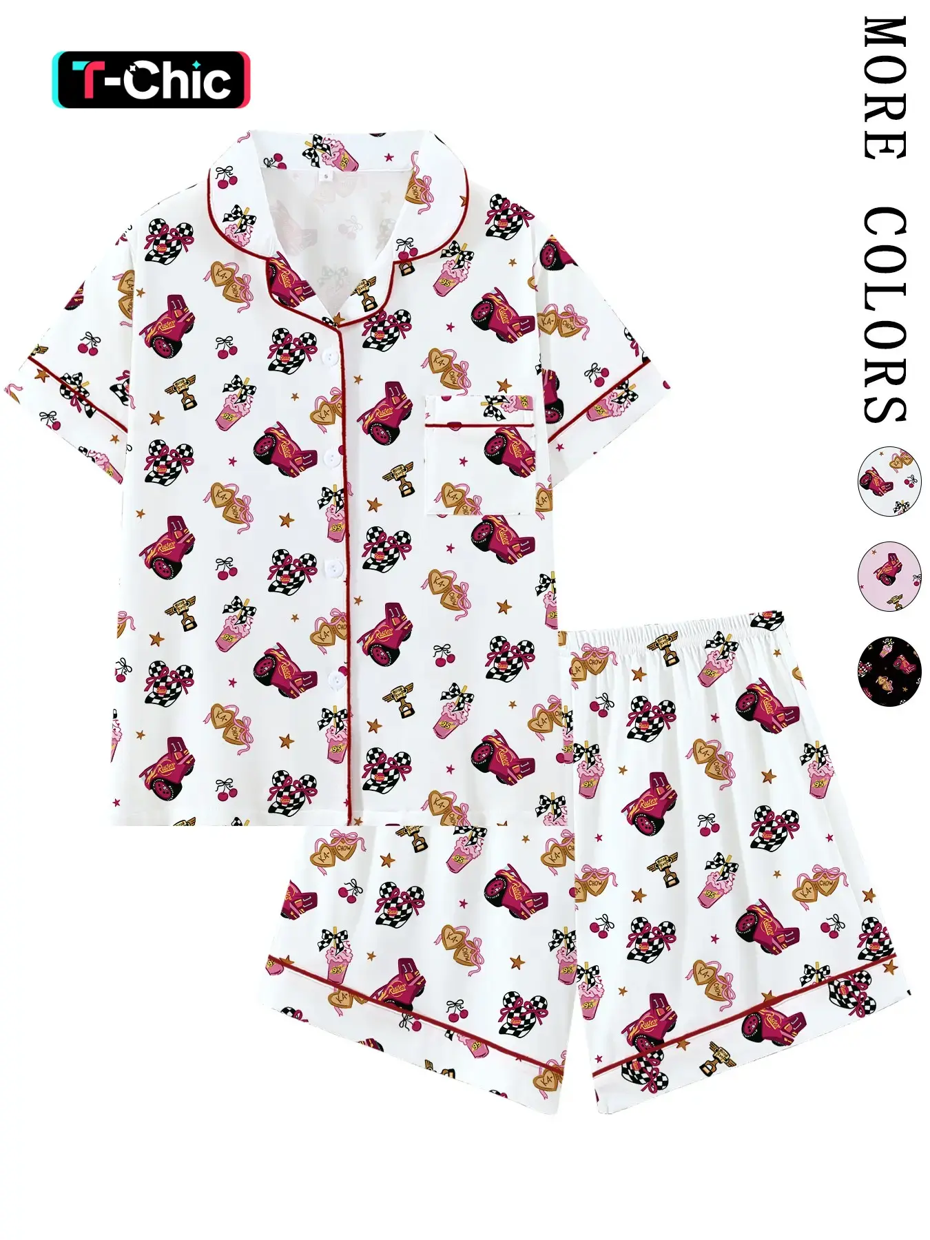 Coquette Racing Aesthetic Pajama Set | Cute Pink Race Car & Checkered Bow Print Sleepwear | Soft Short Sleeve Button Down Lounge Outfit with Red Piping | Fun 2-Piece Summer PJs | Sweet Novelty Nightwear Gift | Loungewear