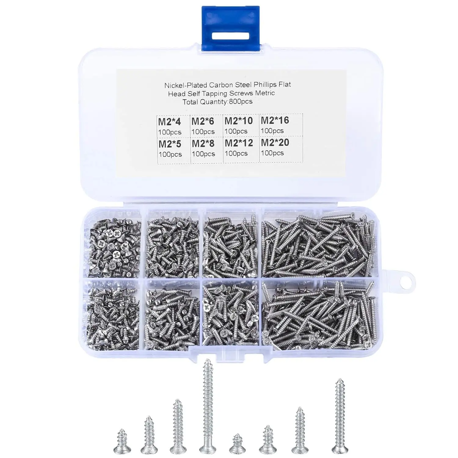 800 count M2 Flat  Self Tapping Screws, Small  Drive  Self Tapping Woodworking Fastener Screws, Carbon Steel Self Drilling Screws  Kit, 4/5/6/8/10/12/16/20mm