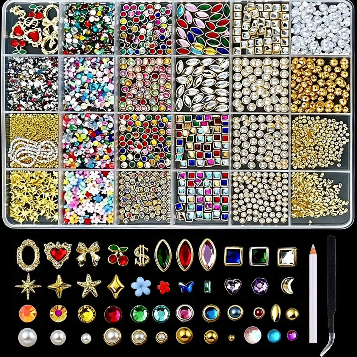 1Box Bedazzled Mini Colorful Gemstone Series Nail Charms Multiple Styles of Y2K Alloy Heart Cherry Square Circular Rhinestones Inlaid Nail Art Decorations DIY