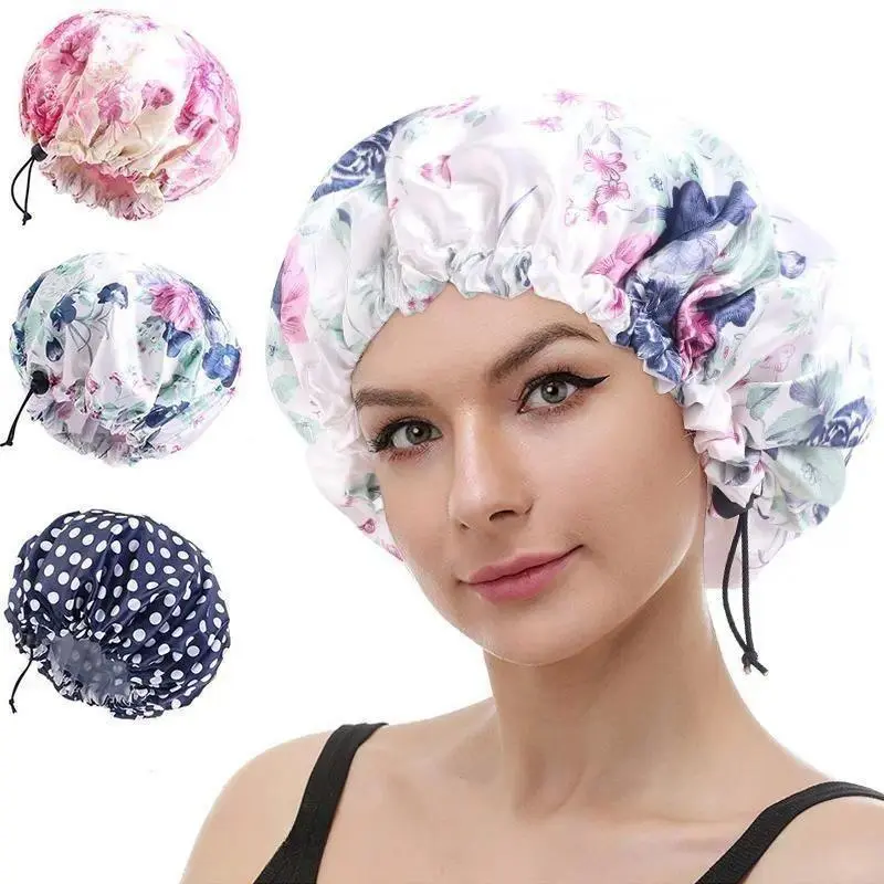 Purple Printed Reusable Shower Cap - Double-Layer Waterproof Elastic Bath Cap, 1-Size Unisex Youth Adjustable Stylish Hair Protection Accessory for Bathroom Shower, Daily Use