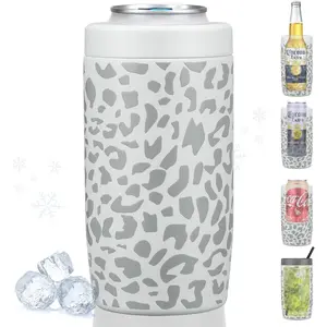 4-in-1 Slim Can Cooler Easy to Hold Insulated Beer Can Holder Double-walled Stainless Steel for All 12 Oz Cans Gift White Leopard