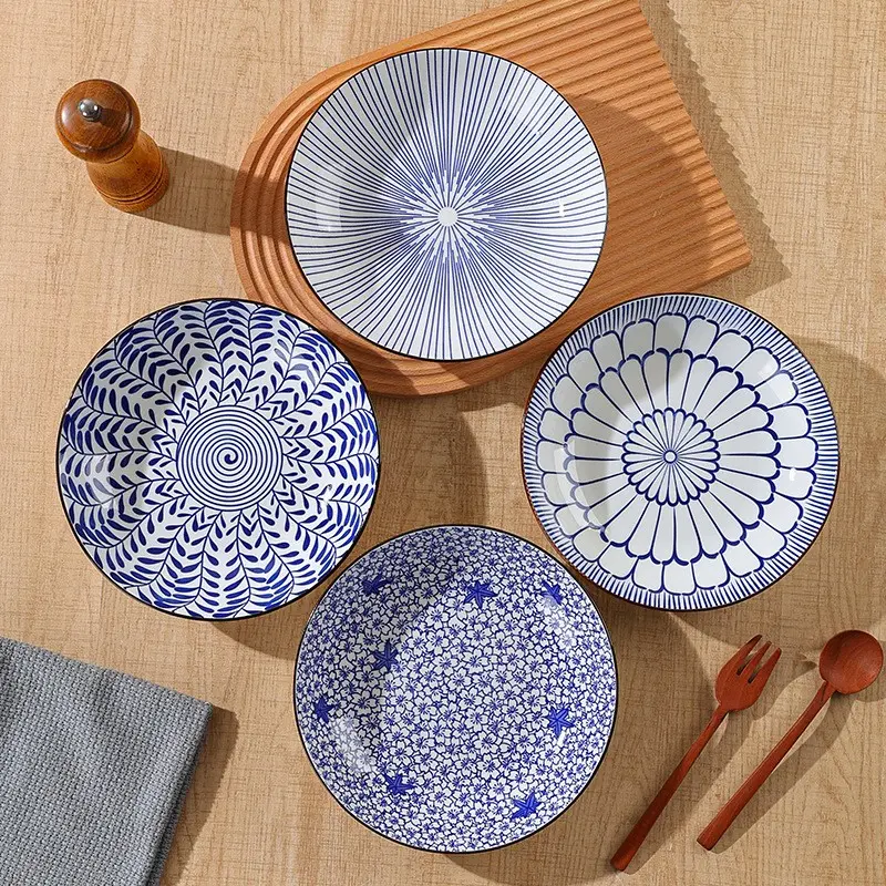 Vintage Blue Floral Ceramic Plate Set, 4 Pieces, 8-Inch Decorative Dinner Plates, Elegant Home Kitchen Tableware, Stylish Dining Essentials
