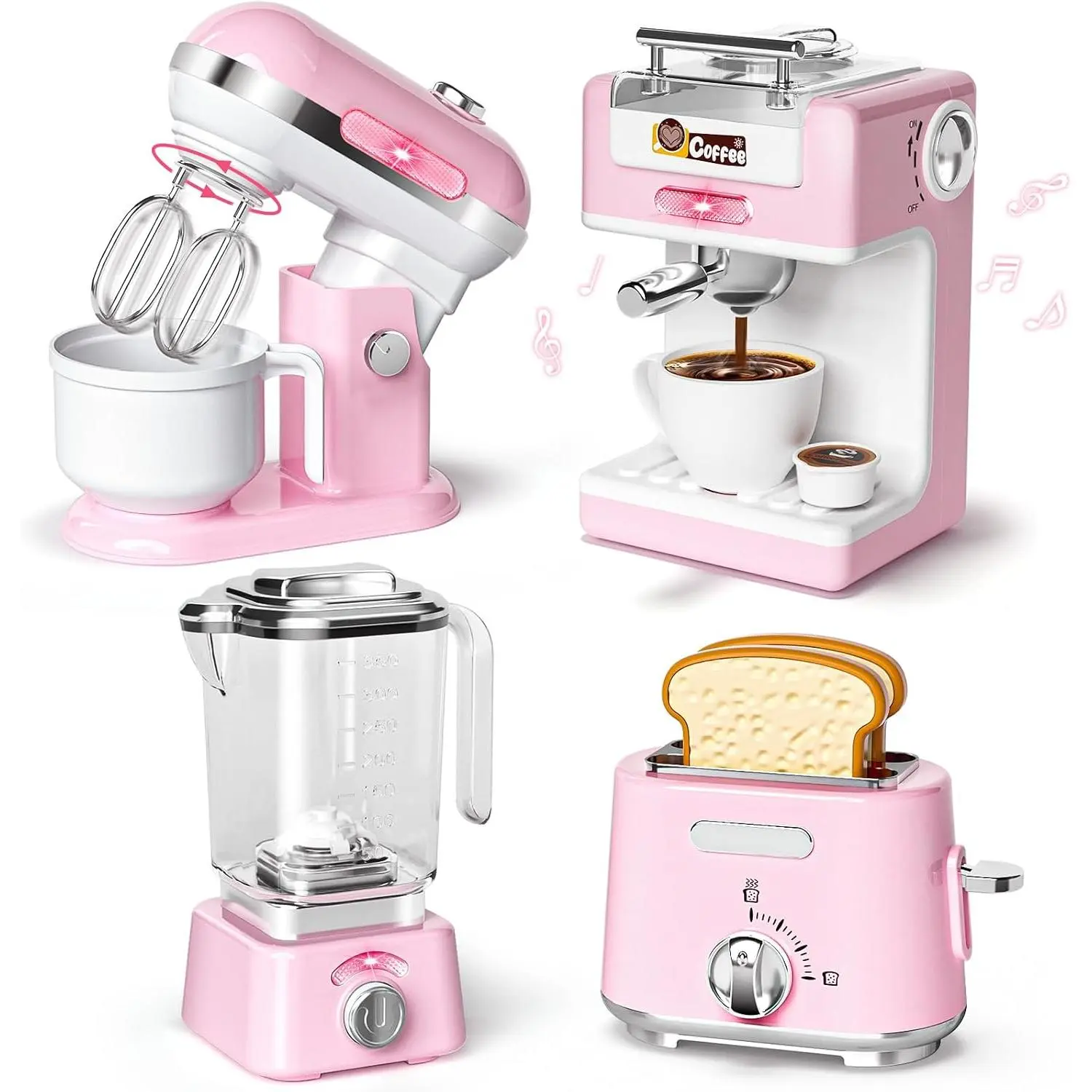 Kids Kitchen Toys Set, BPA-Free 7 Piece Pretend Play Appliances with Light Sound, Coffee Maker Blender Stand Mixer Toaster for Toddlers Ages 3 Plus, Educational Role Play Gift (Pink)