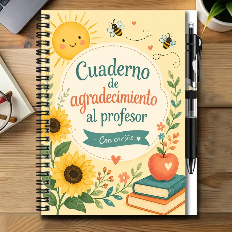 A set of exquisite 2D cover spiral notebook and pen set with a teacher appreciation theme, featuring fresh illustrations including the sun and sunflowers, conveying deep gratitude. Suitable for work records, study notes, diary writing, daily planning, etc