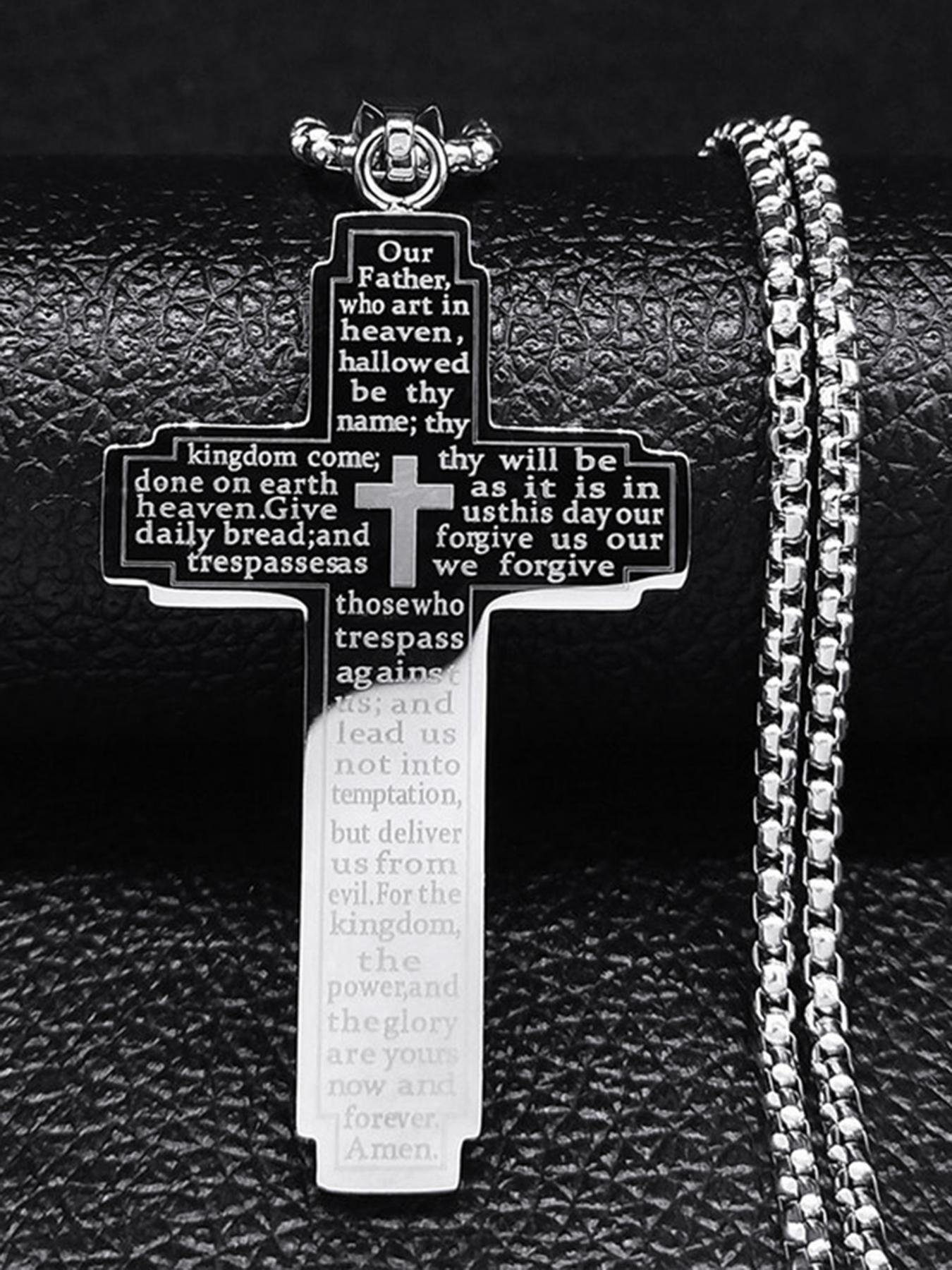 Christian Bible Cross Chain Necklace, Stainless Steel Pendant Necklace for Men, Religious Prayer to Jesus Cuban Cross Necklace