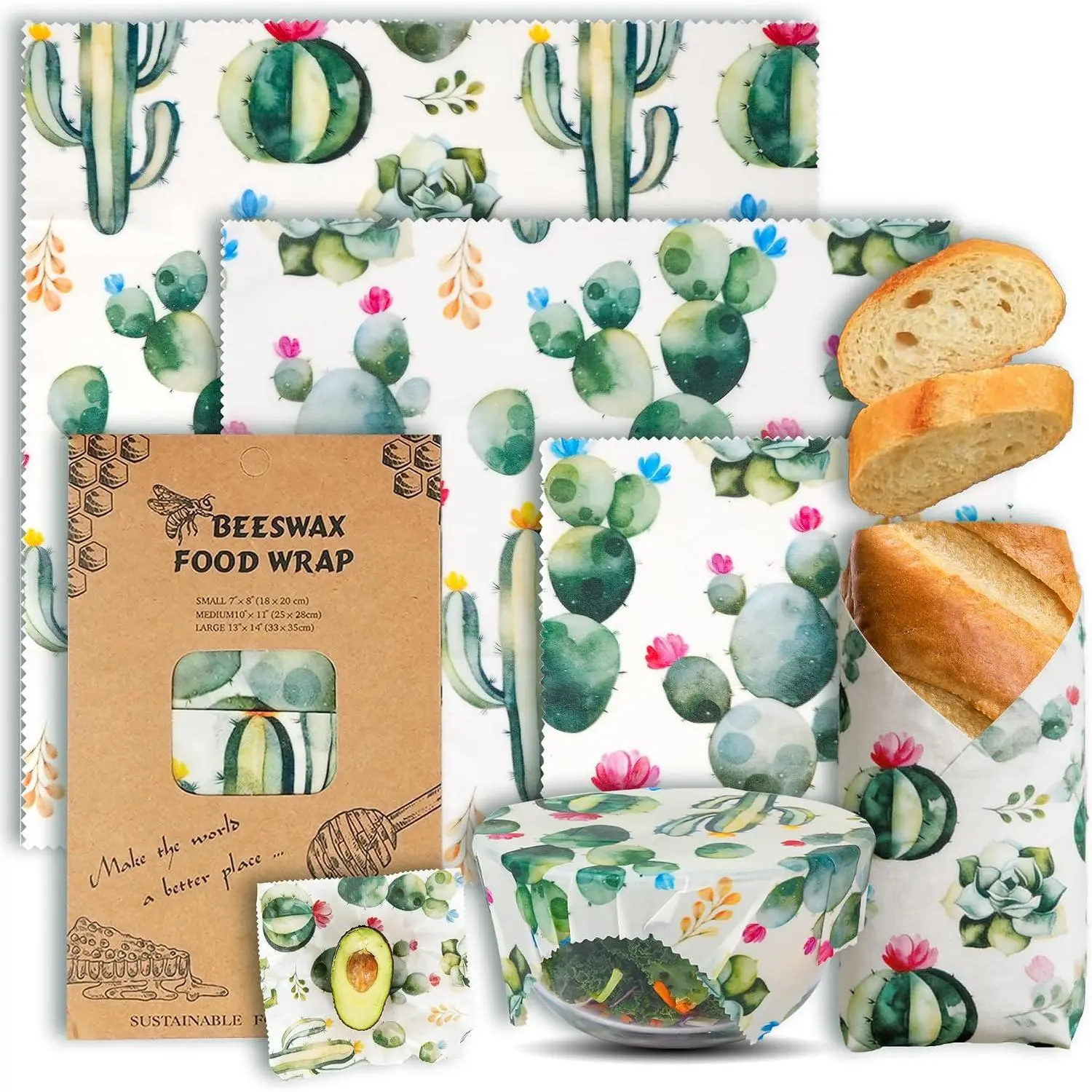 Cactus Beeswax Wraps, S/M/L 3 Pack   Storage |  plastic-free sustainable wraps; For bread, sandwiches, cheese, fruit & bowl covering; Eco zero   storage
