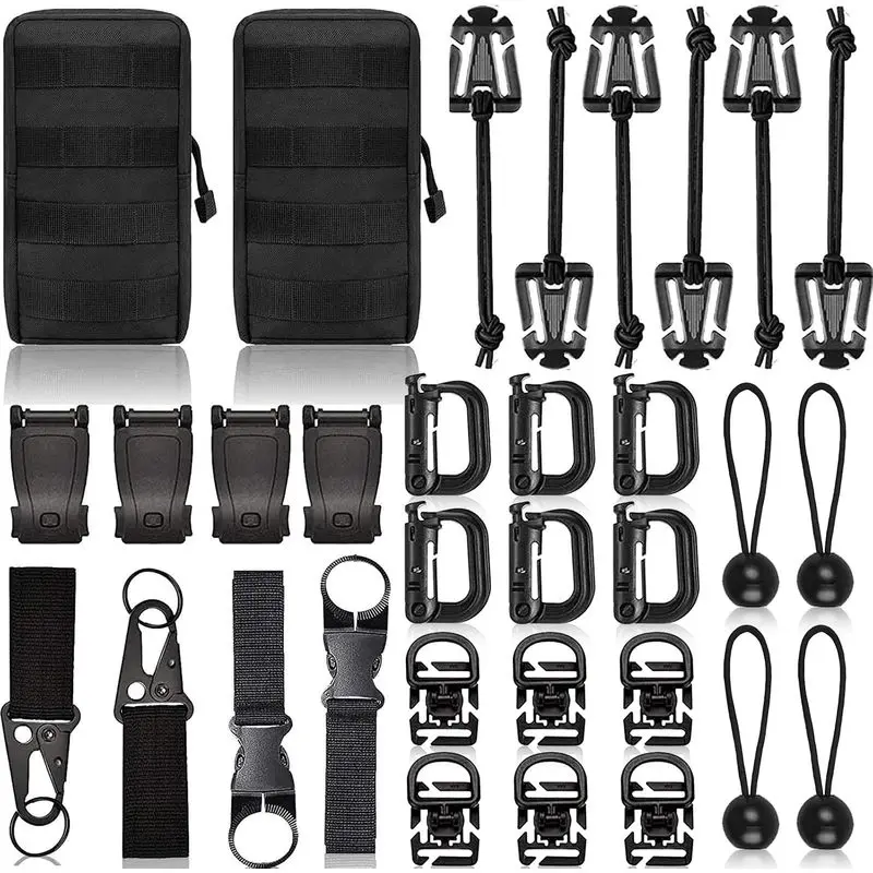 Backpack Attachments Kit of 28 Accessories, D-Ring Grimloc Locking Gear Clip Web Dominator Elastic Strings Strap