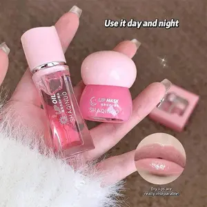 Daily lip care set with lip oil and mask. Long-lasting moisturizing nourishes lips for plump glossy look. Popular lip cosmetic for daily use among girls and women.