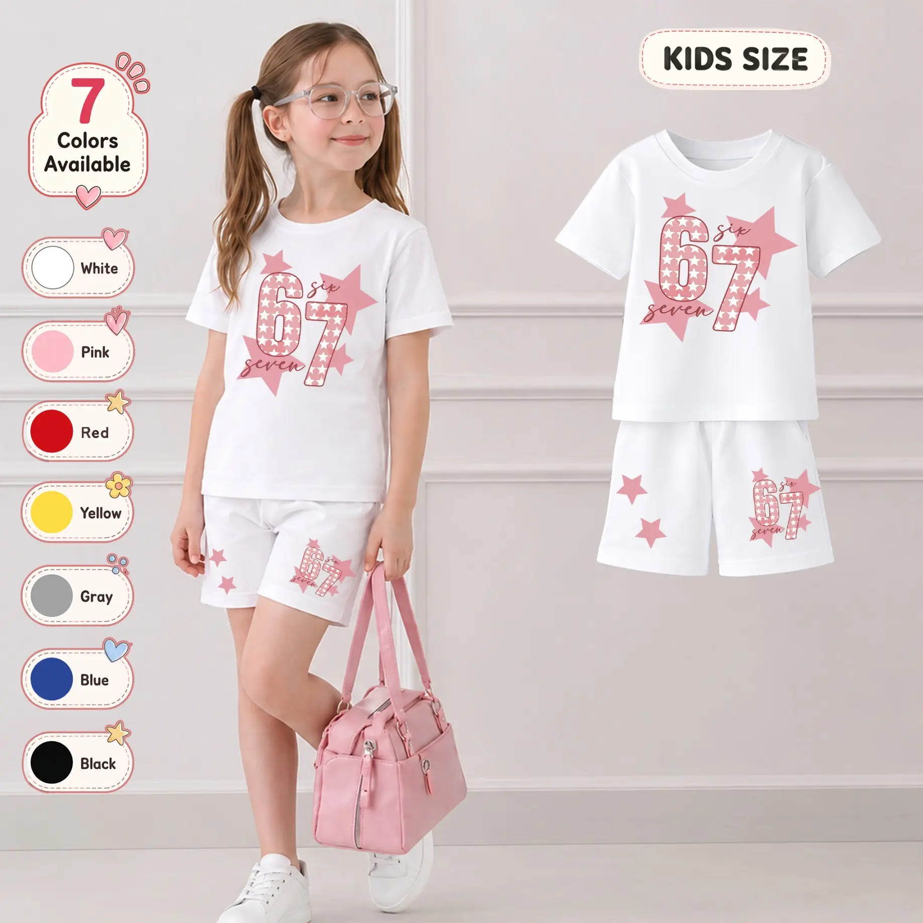 Kids’ 67 Star Graphic Print T-Shirt & Shorts Set, Casual Summer Two-Piece Outfit, Soft Breathable Street Style Clothing for Boys and Girls, Daily Wear, School and Play