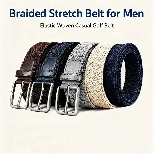 Men's Braided Stretch Elastic Woven Belt - 1.375in No-Hole Adjustable Belt for Golf, Casual Wear